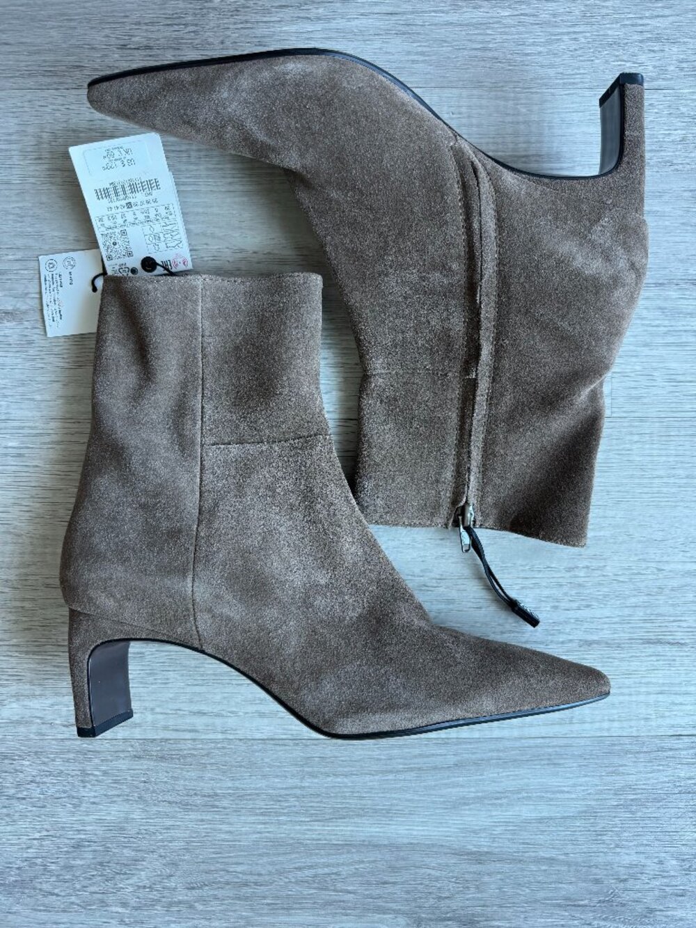 Taupe Kitten Heel Pointed Toe Ankle Boots Zara Split Leather NWT 39 US 8 - Picture 7 of 10
